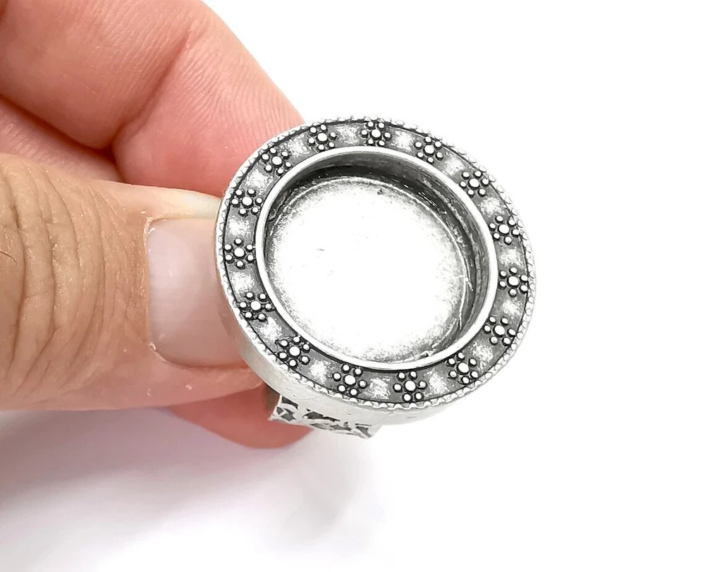 Flower Round Ring, Flat Blank Setting, Cabochon Mounting, Adjustable Resin Base