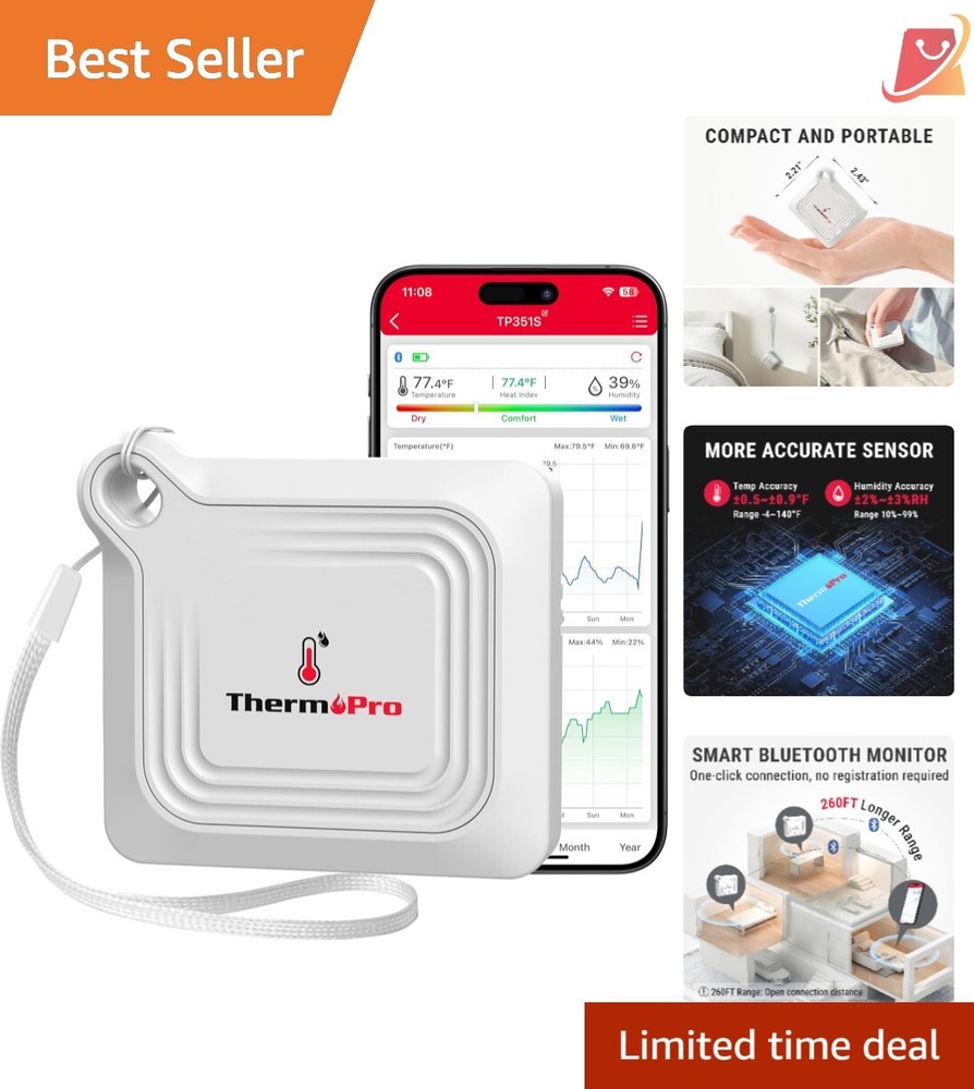 Bluetooth Thermometer Hygrometer 260FT Remote Temperature Sensor App Control ...