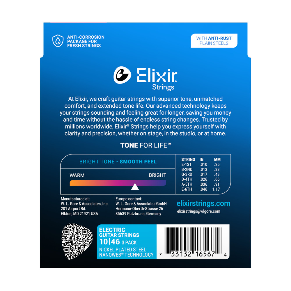 Elixir® 16567 Electric Guitar Strings w/ NANOWEB® Technology 10-46; 3-Pack
