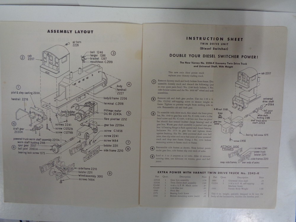 Varney Assembly & Instruction Sheets Featuring HP Diesel Switch & 32 ft Tender
