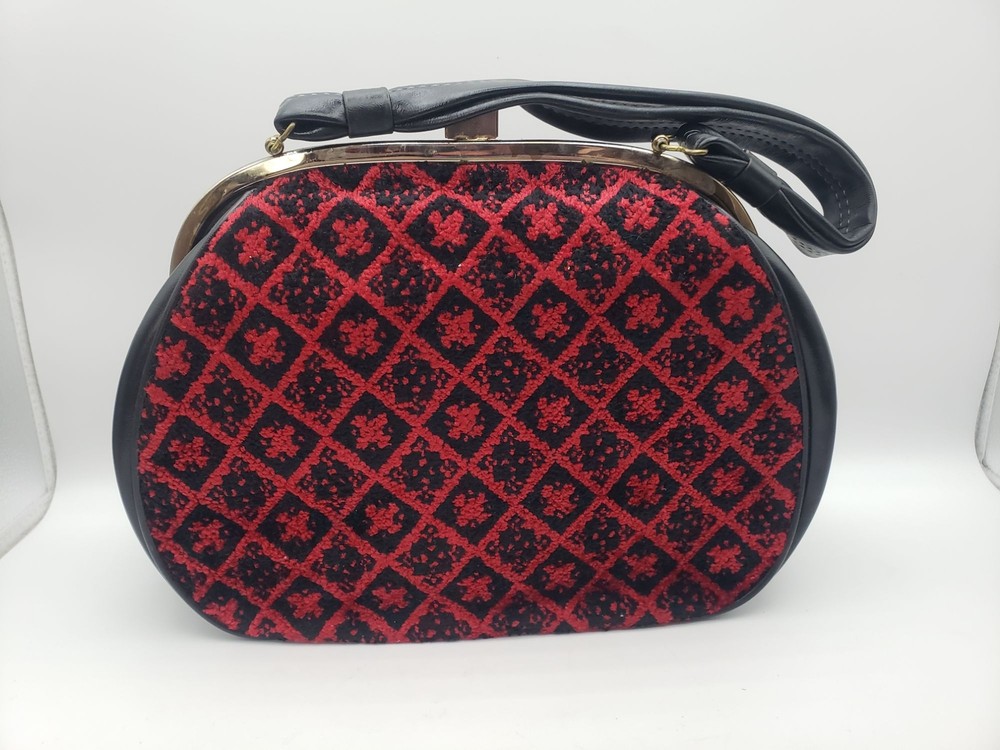 Red Black Diamond Pattern Purse Snap Clasp Handbag Gold Frame Vintage