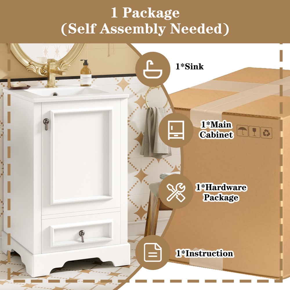 Modern 20" Bathroom Vanity with Ceramic Sink, Soft Close Door, Adjustable Shelf