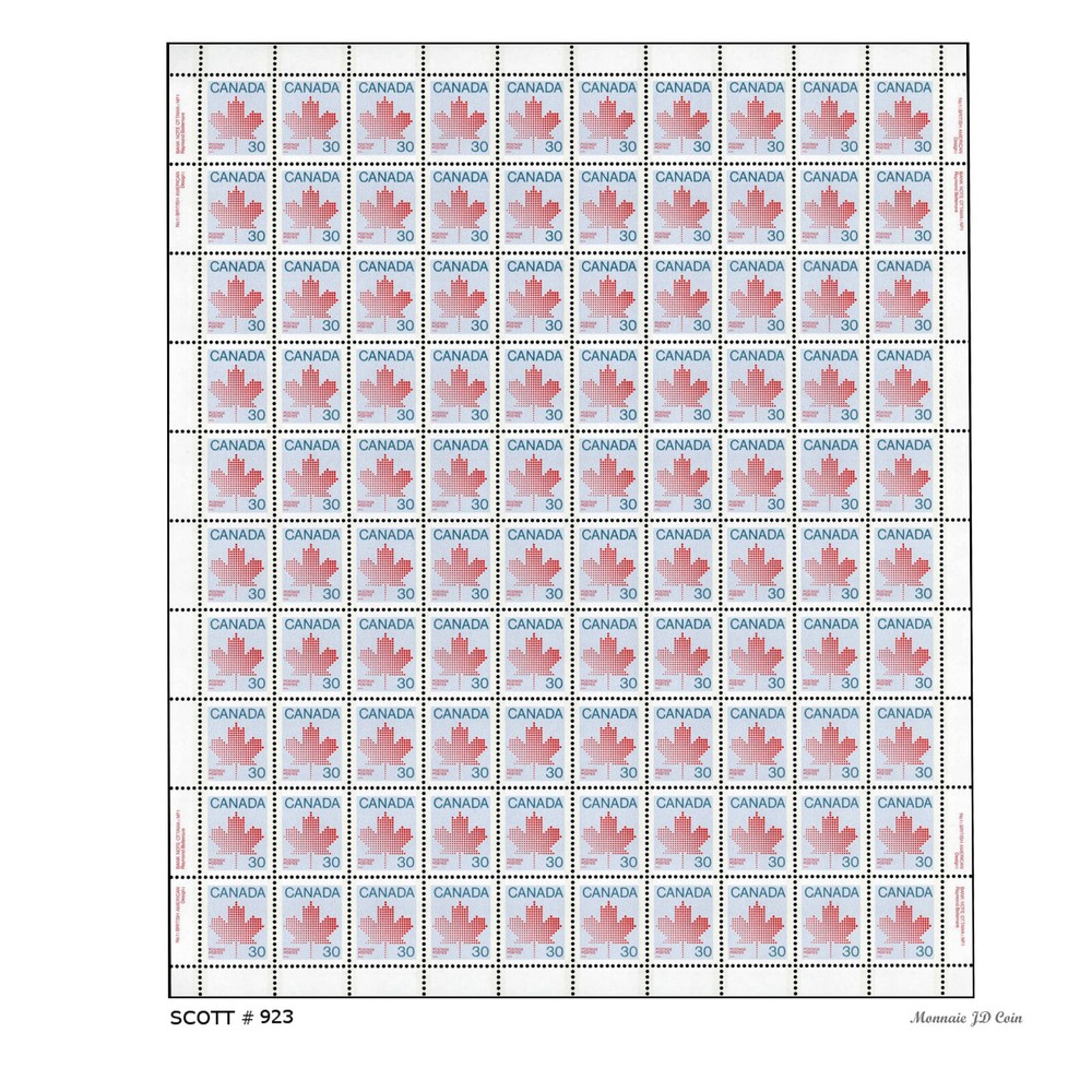 1982 Canada Stamp Full Pane of 100 #923 Maple Leaf(1982) 30¢