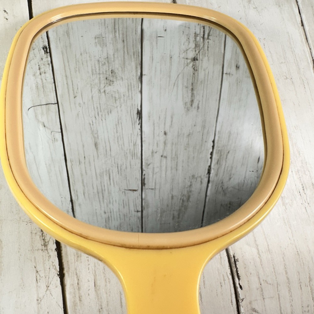 Beige Hand Mirror Plastic 11” Rectangular Textured Back Vintage Hong Kong
