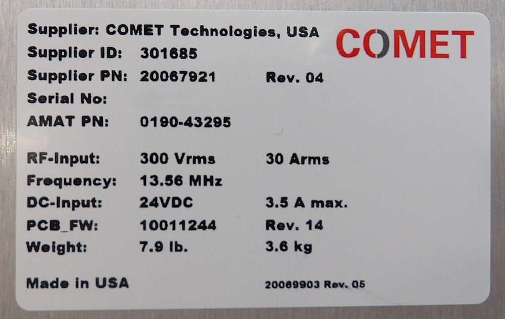 Comet Technologies 20067921 RF Match AMAT Applied Materials 0190-43295 Working