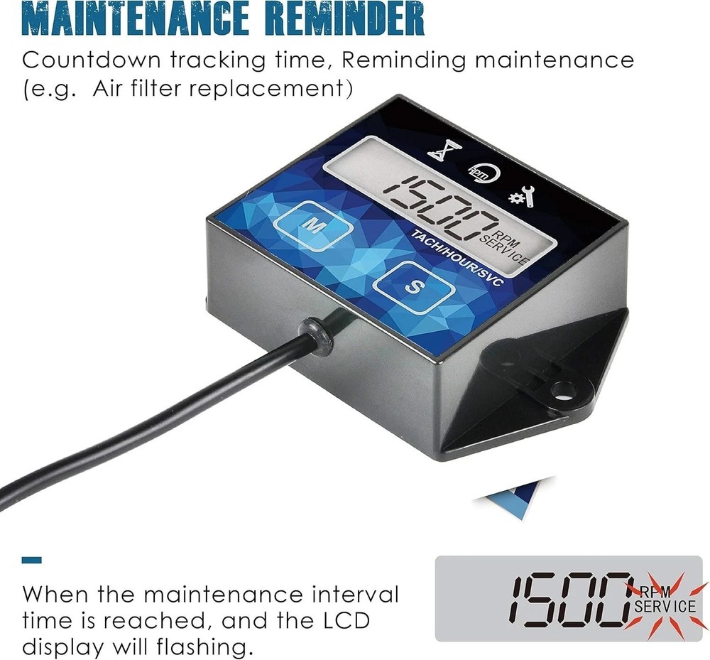 Small Engine Hour Meter, Digital Tachometer, Maintenance Reminder, Battery Re...