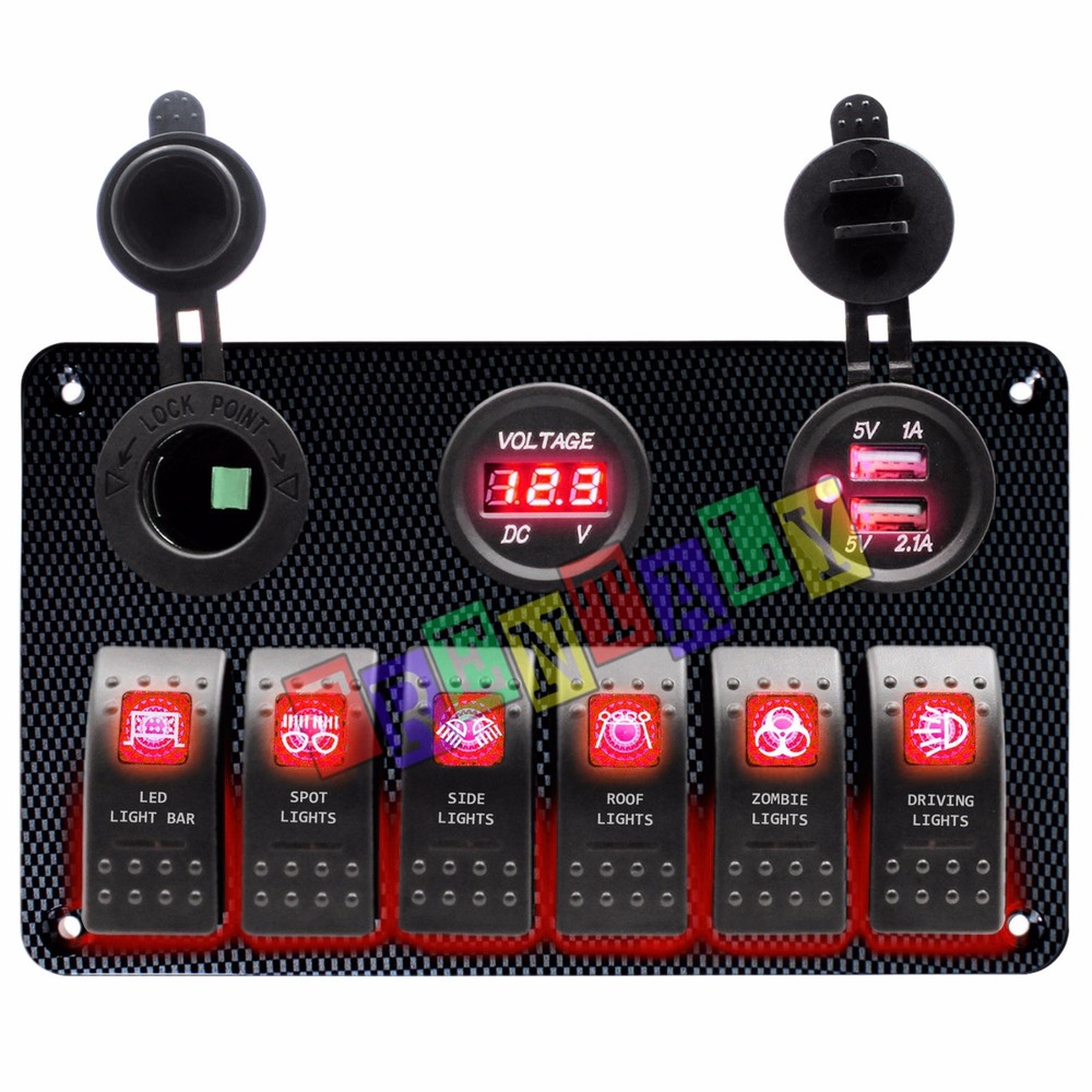 Red#1 CF 6 Gang Car Rocker Switch Panel USB Socket Power Plug Voltmeter Charger