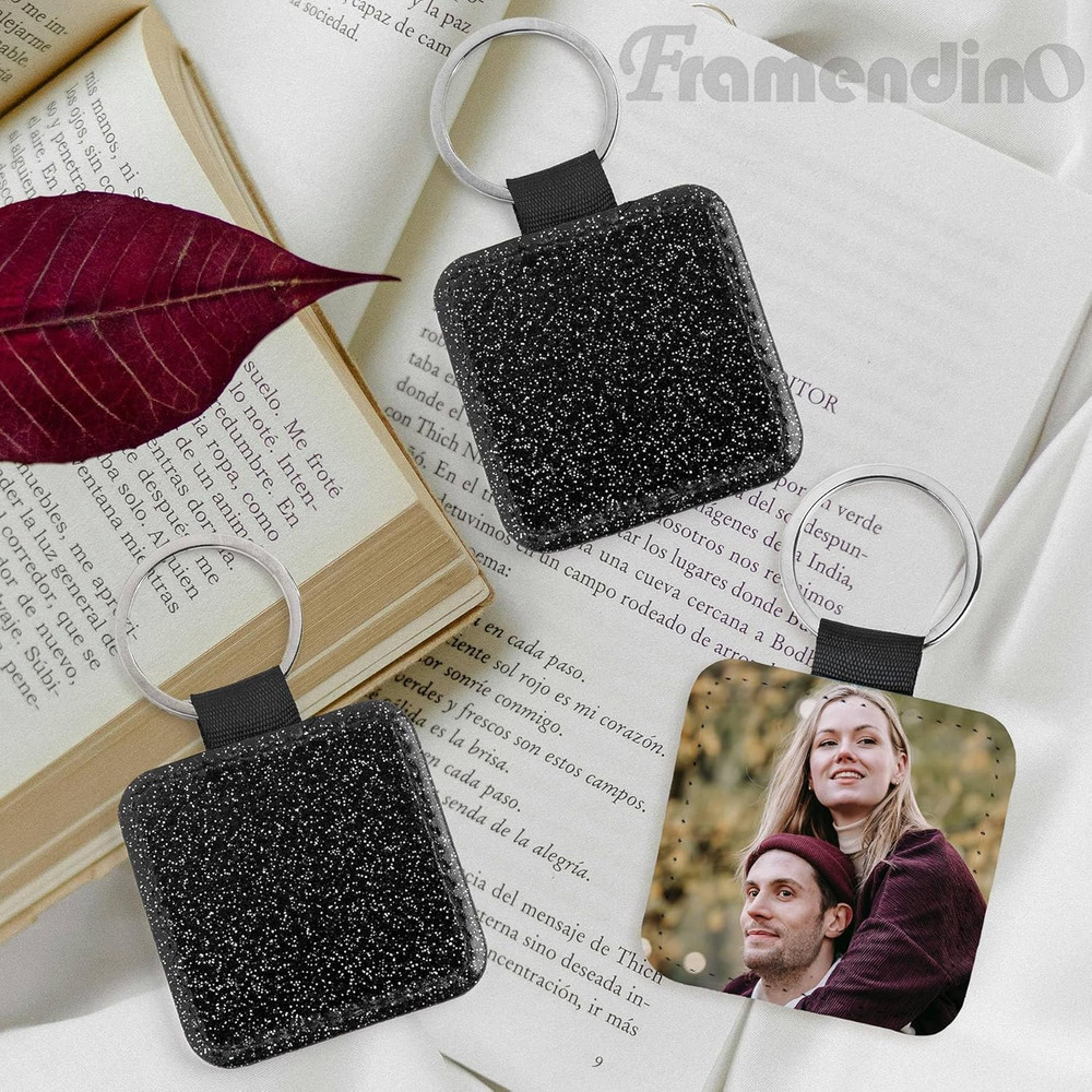 , 16 Pack Sublimation Blank Keychain Glitter PU Leather Square Rectangle Heat Tr