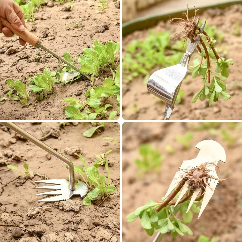 Hand Weeder Tool, 4 Teeth Dual Purpose Weed PullerStainless Steel 3Pcs...