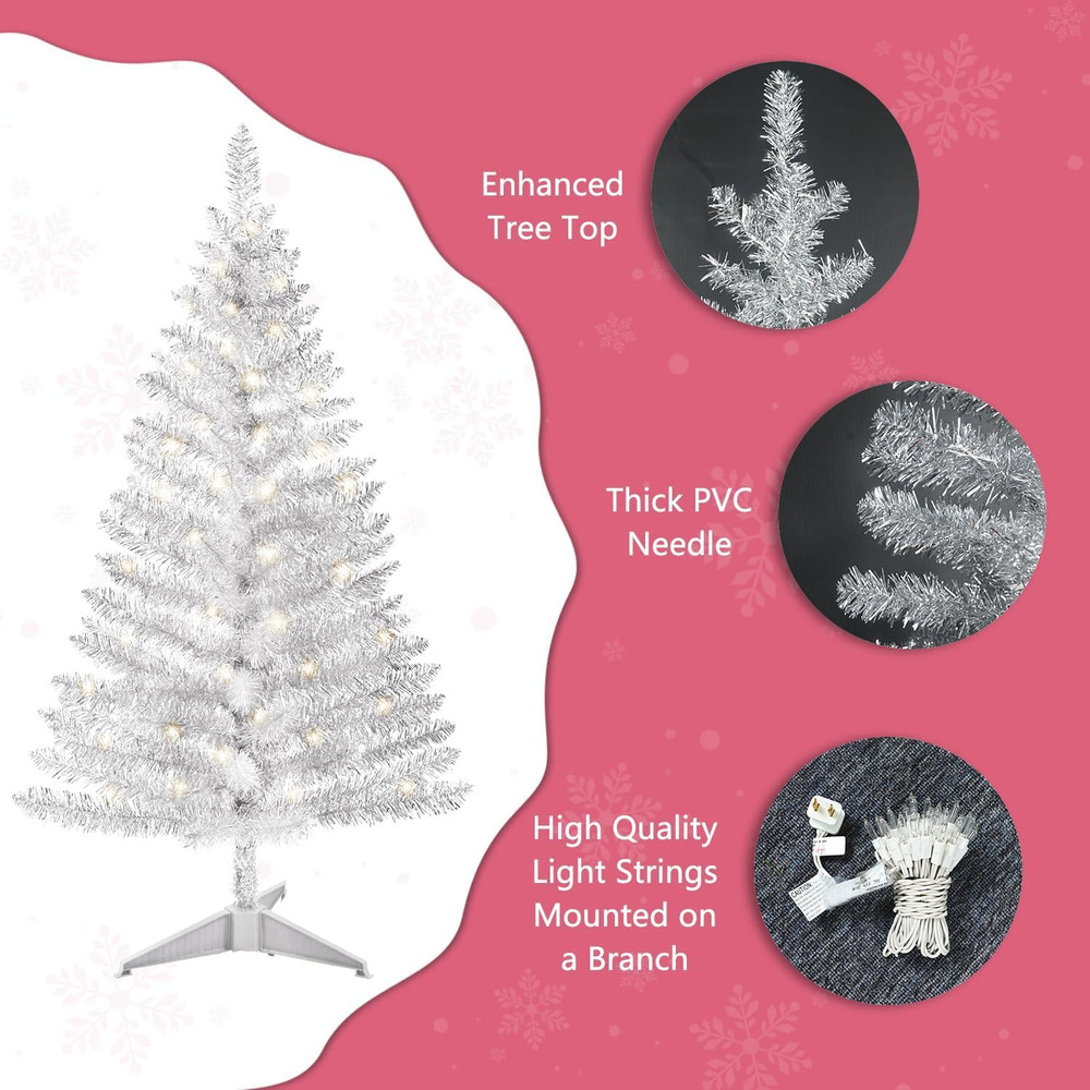 4Ft Lighted Artificial Silvery Christmas Tree, Not Pre-Lit Silvery Tinsel Pine T