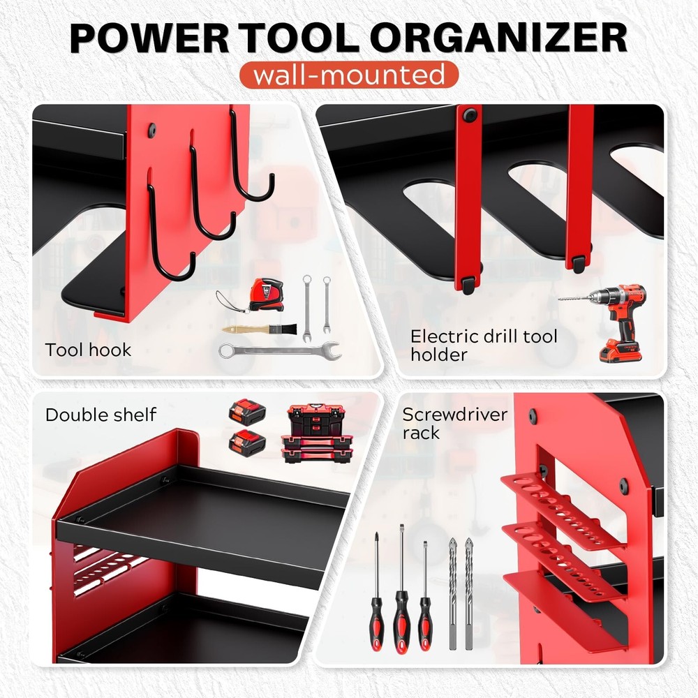 Power Tool Organizer Wall Mount - 120Lbs Load 3 Layers Storage Rack 4 Drill H...