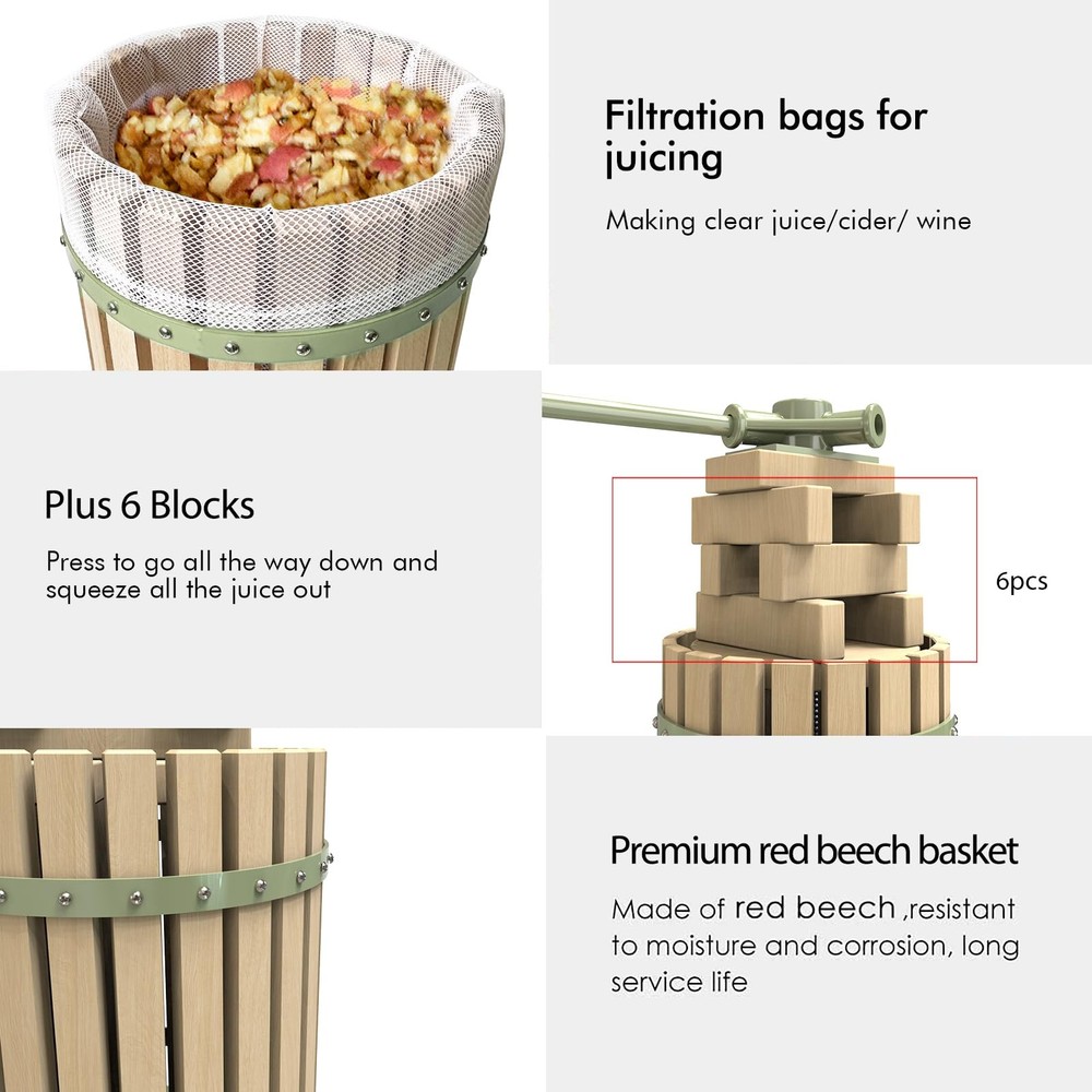 1.6 Gallon Green Fruit and Wine Press, Manual Cider Juice Maker with Solid Be...