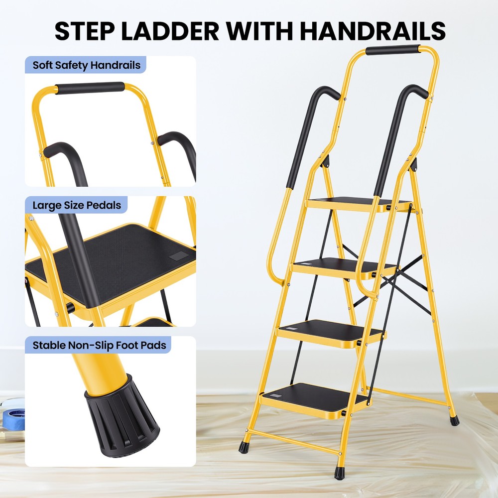 4 Step Ladder with Hankdrails, Folding Step Stool withSafety Lock yellow