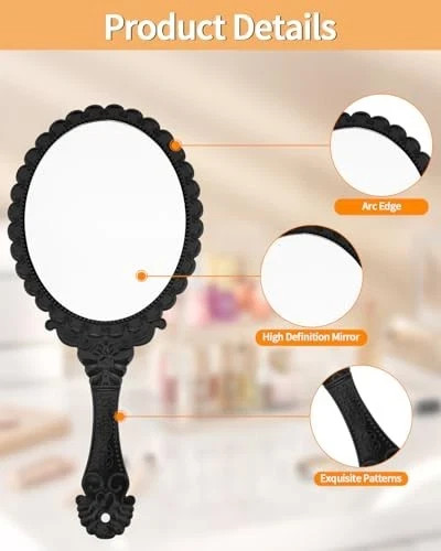 Hand Mirror Vintage Handheld Mirror with Handle Vanity Makeup Black