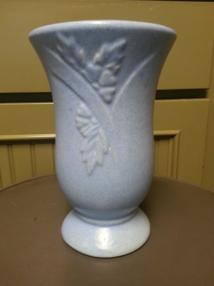 Vtg Ceramic Blue Speckled Vase, Leaf Design