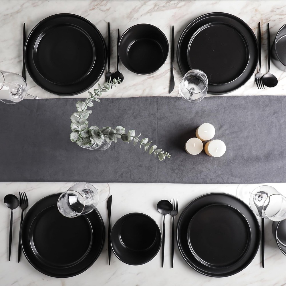 Stoneware Dinnerware Set 16 Pieces Black Matte Service for 4 Dishwasher Safe