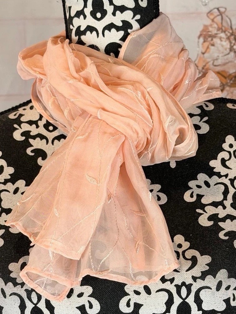 Peach SheeredSilk Blend Chiffon Leafs Embroidered Long Rectangular Scarf 12”x60”