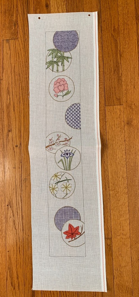 Stylized Floral Bell Pull Handpainted Needlepoint Canvas Peony Cherry Blossom