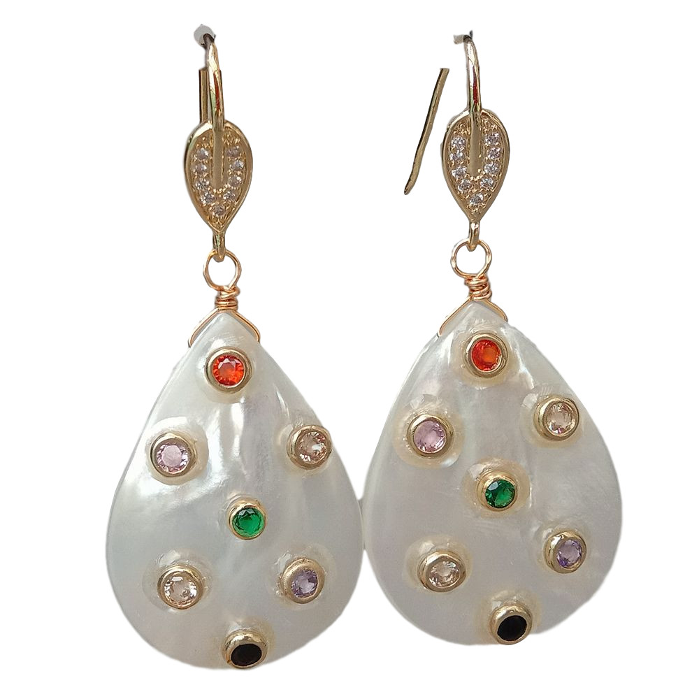 Teardrop White Shell Mop Trimmed With Multi Color Cz Dangle Hook Earrings