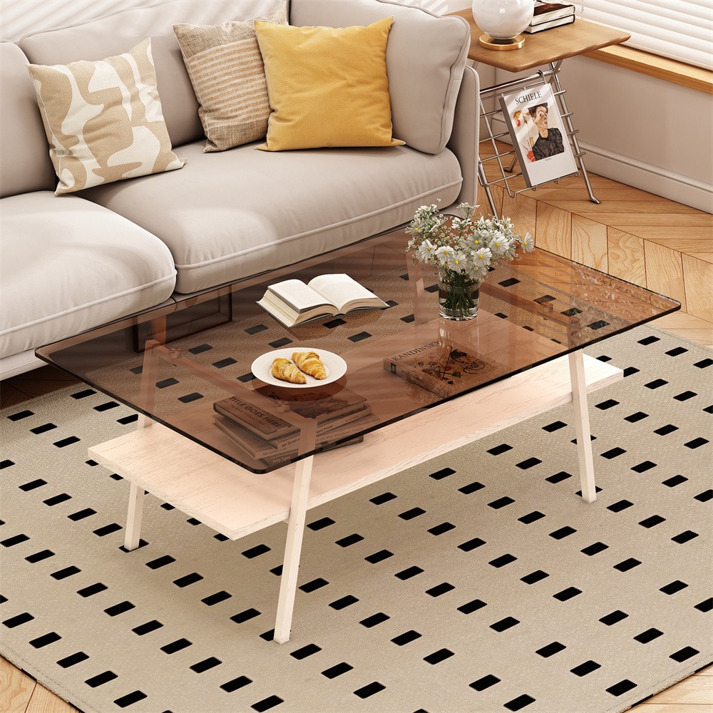 Brown Tempered Glass Rectangular Coffee Table Have Storage Shelf Function