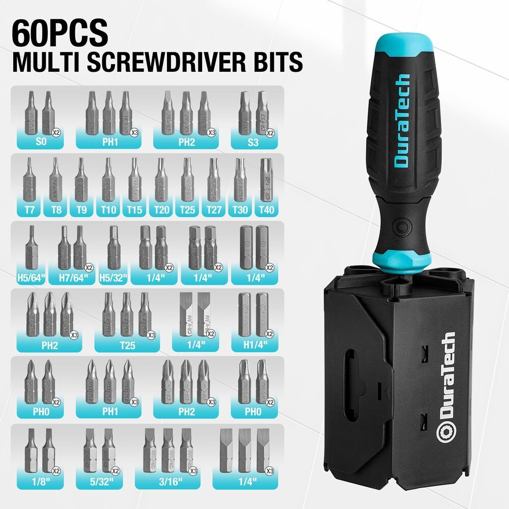 DURATECH Multi-Function Screwdriver Set W/60PC Torx Hex Square Flat Phillips Bit
