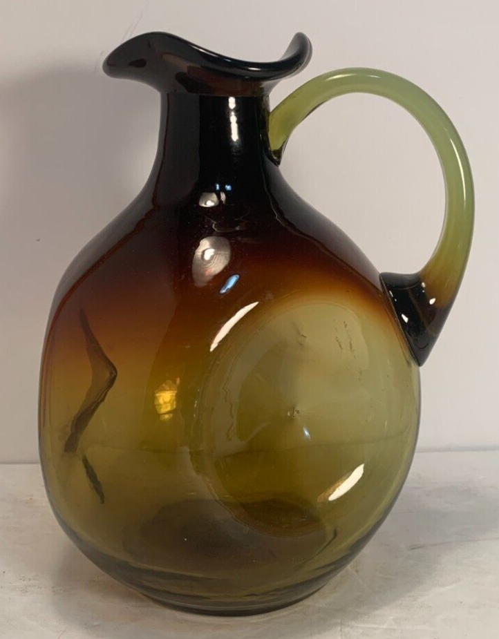Handblown Glass Decorative Pitcher, Indented Design, Brown/Ambe