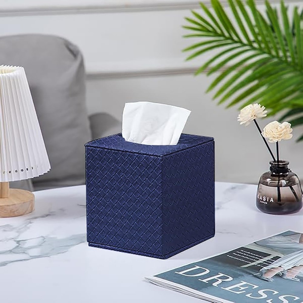 Artistic Navy Square Tissue Box Holder with Magnetic Closure - Versatile Decor