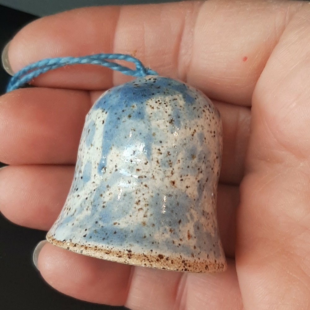 Studio Art Pottery Bell Rustic Miniature blue tan Ornament