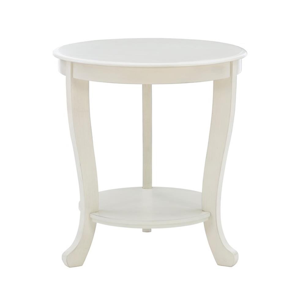 Pemberly Row Round Transitional Wood Side Table with Shelf in White Multi-Step