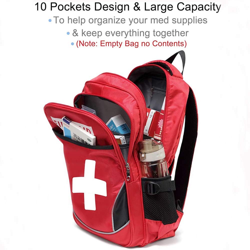 Red First Aid Bag Empty Trauma Backpack Multi-Pocket for Camping & Travel