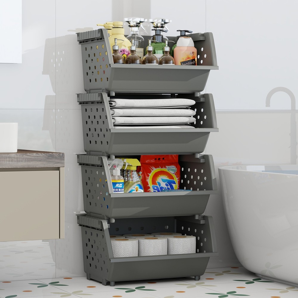 Mayish 4 Packs Plastic Large Stacking Organizer Basket, Gray