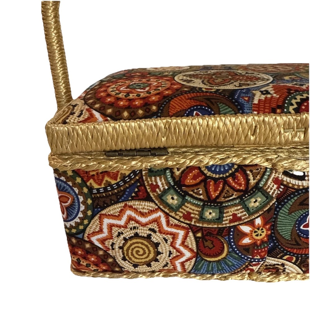 Sewing Basket Fabric Covered Rectangular Straps Handle Plastic Insert