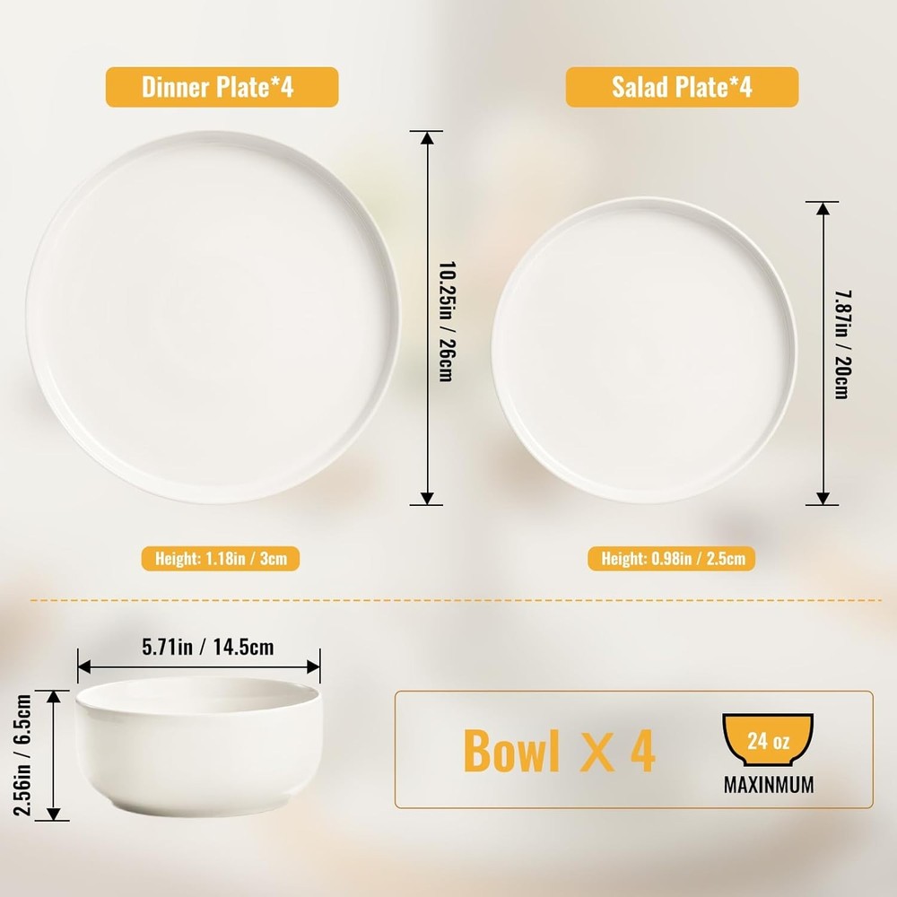 12 Piece Ceramic Dinnerware Set for 4 White Stoneware Plates Bowls