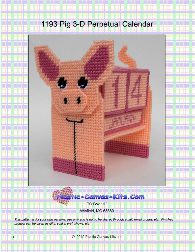 Pig 3-D Perpetual Calendar  Plastic Canvas Pattern or Kit