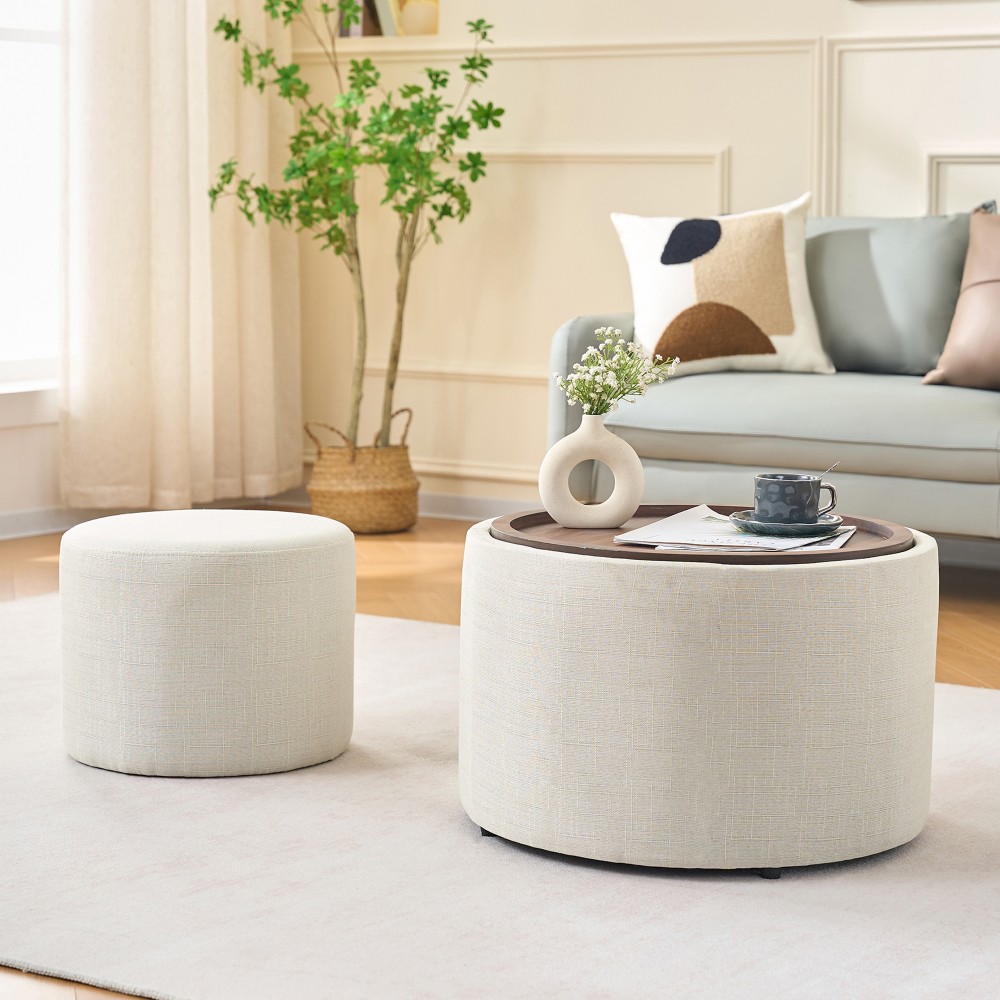 Ball & Cast Nesting Storage Coffee Table & Bench, Linen Upholstered Footstool