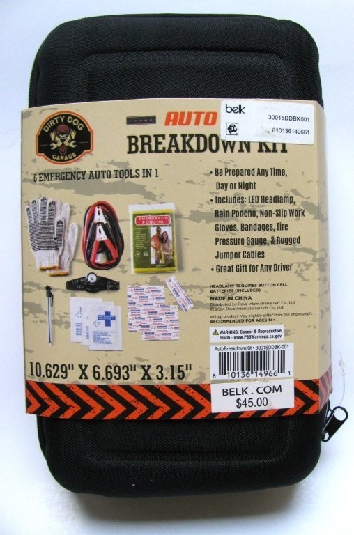 Dirty Dog Emergency Auto Breakdown Kit 6 Tools BLACK NWT