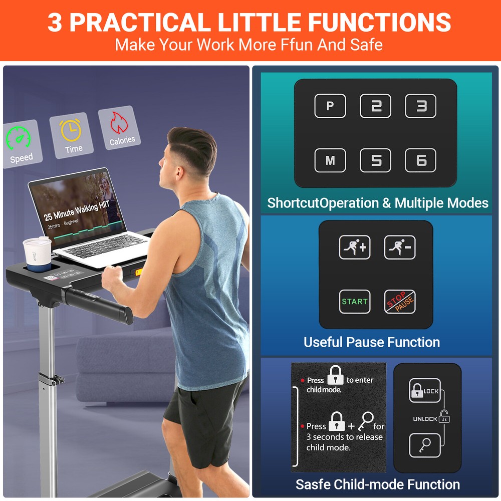 300lbs Folding Treadmill Treadmill with Adjustable Large Desk with Bluetooth&APP