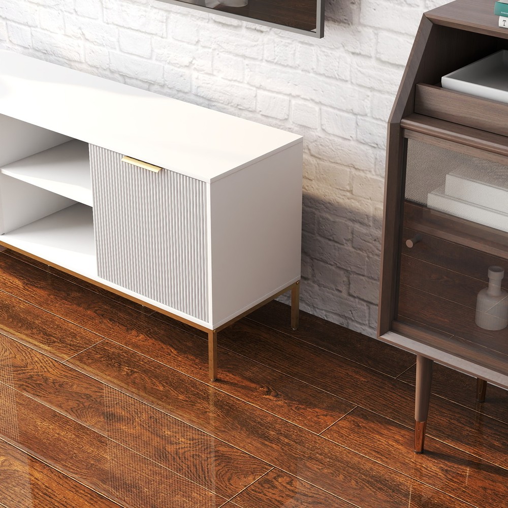 Modern TV Stand with Wave-Design Doors, Open Shelf & Adjustable