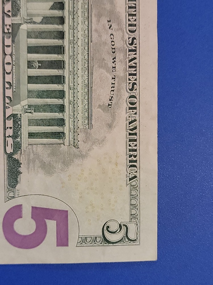 $FIVE DOLLAR BILL Trinary Repeater Fancy Serial Number with bleed through error!