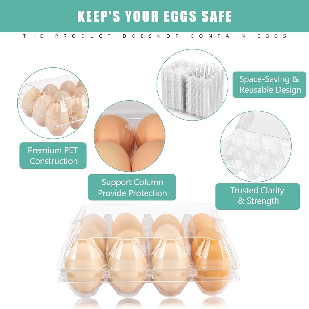 100 Pack Egg Cartons Bulk, Clear Plastic 12-Egg Cartons (3×4), Stackable Egg Con
