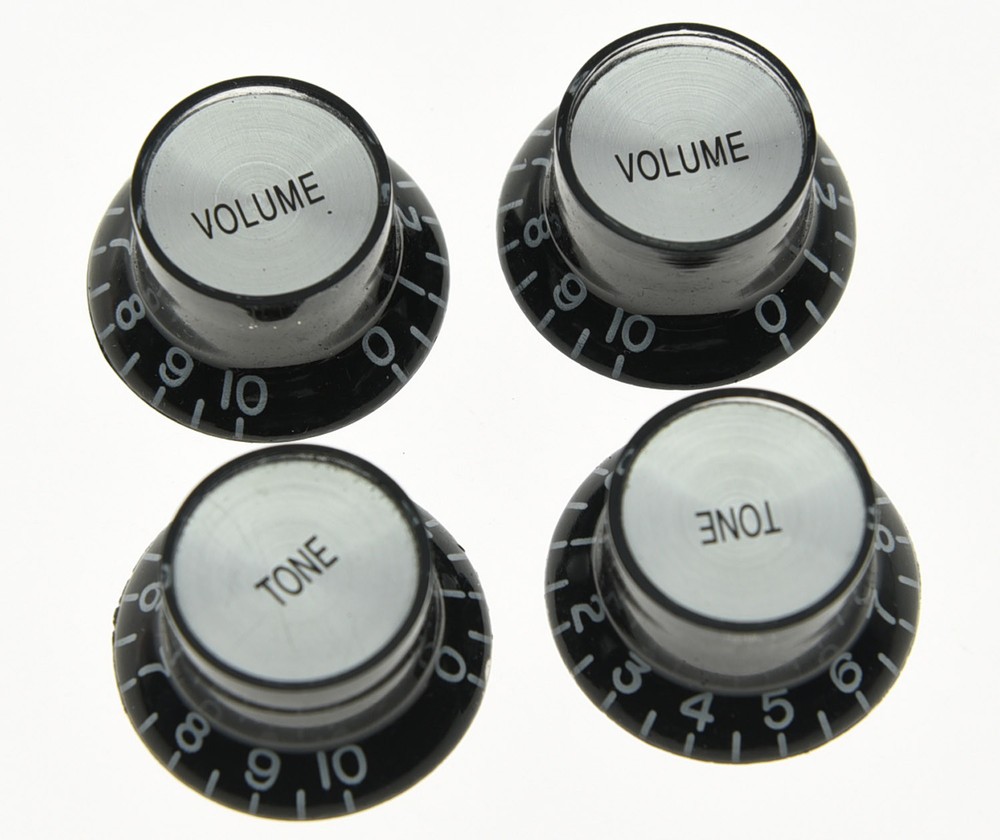 4x Guitar Reflector Knobs Black/Silver Top Hat Knobs Fits Les Paul Epiphone SG