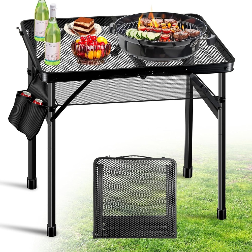 Upgraded Folding Grill Table - Metal Portable Camping Table, 2 Height Adjustable