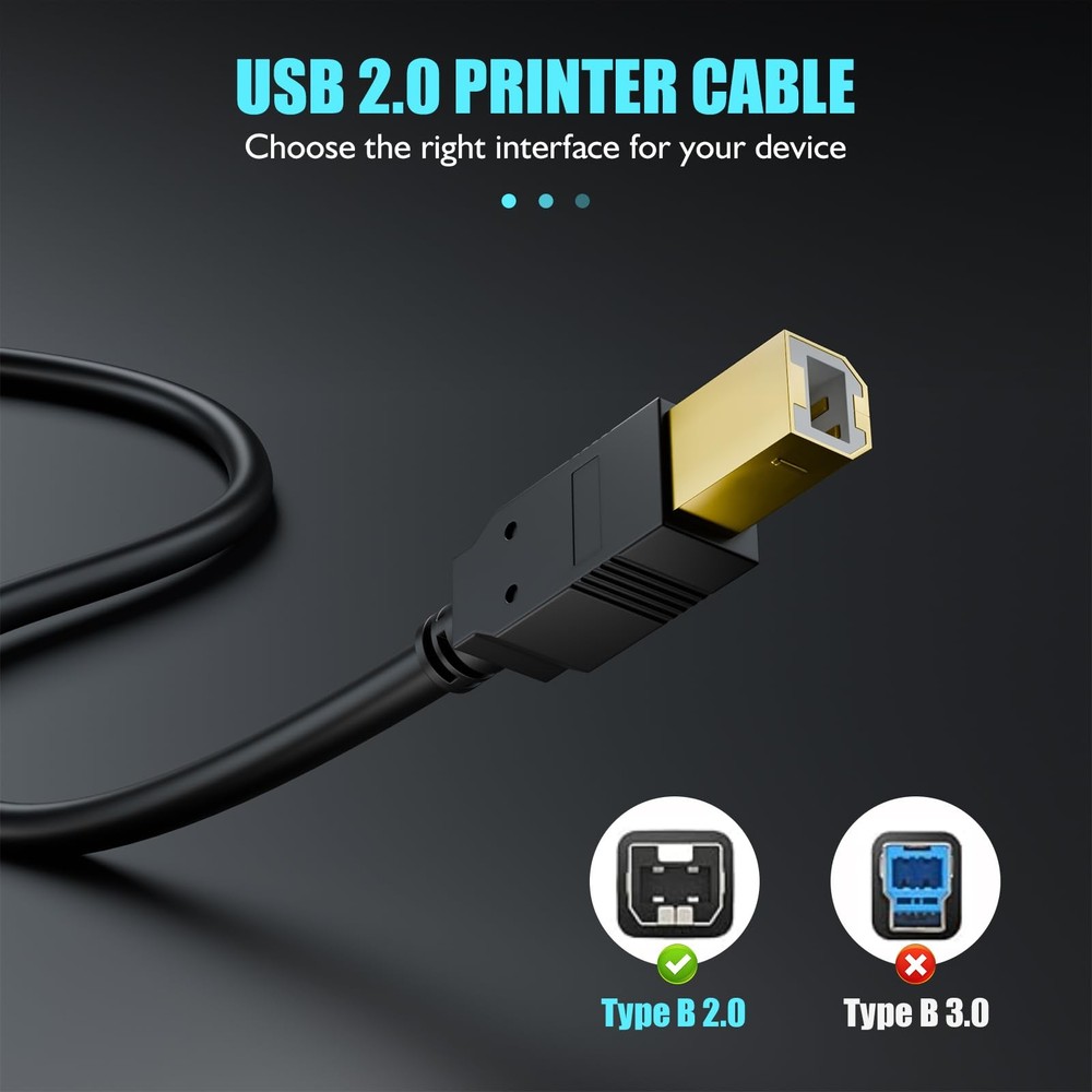 Yashifeison USB Printer Cable 10FT MiDi Cord USB-B 10FT, BLACK