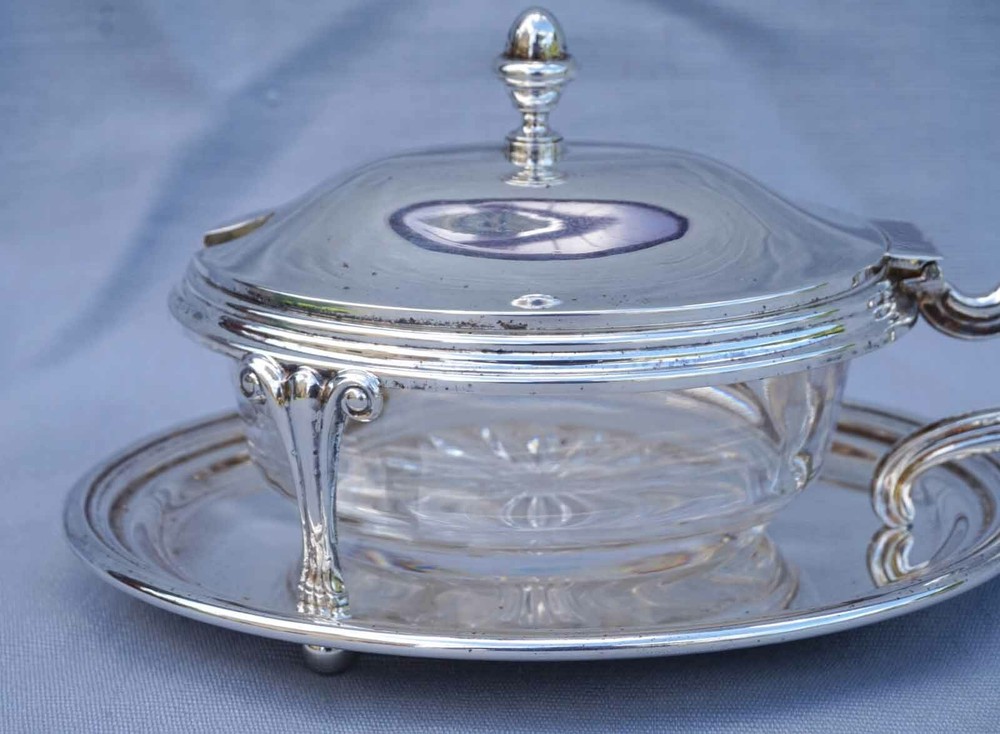 French Jam Condiment Lidded Serving Dish Silverplate Cut Crystal