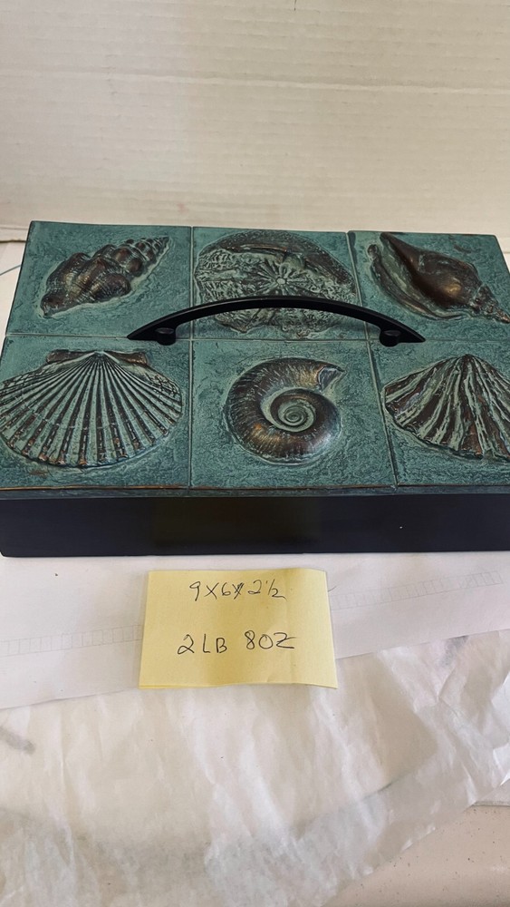 Beach Winter Blue Rectangular Decorative Bamboo Box Shells on Handmade lid 9x 6"