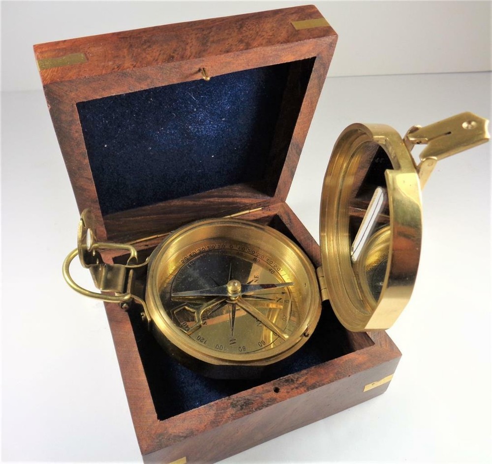 NAUTICAL SOLID BRASS CLINOMETER MARITIME FOLDING COMPASS INSTRUMENT WITH BOX