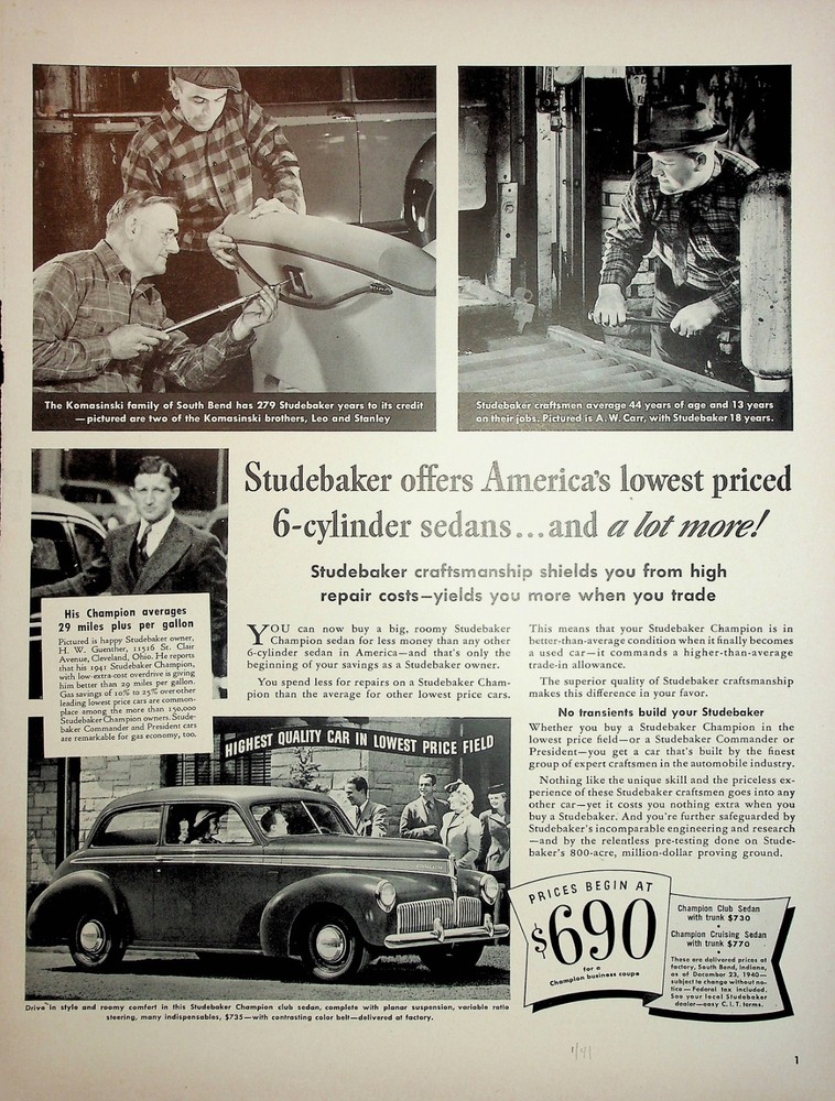 Original 1941 Vintage Studebaker Ad: Studebaker Champion Club Sedan