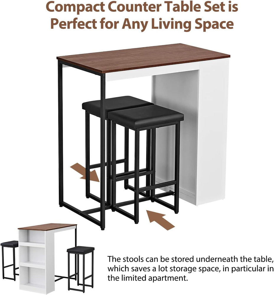 3 Piece Dining Table Set Kitchen Bar Table with Two Stool Storage Shelves Wood C