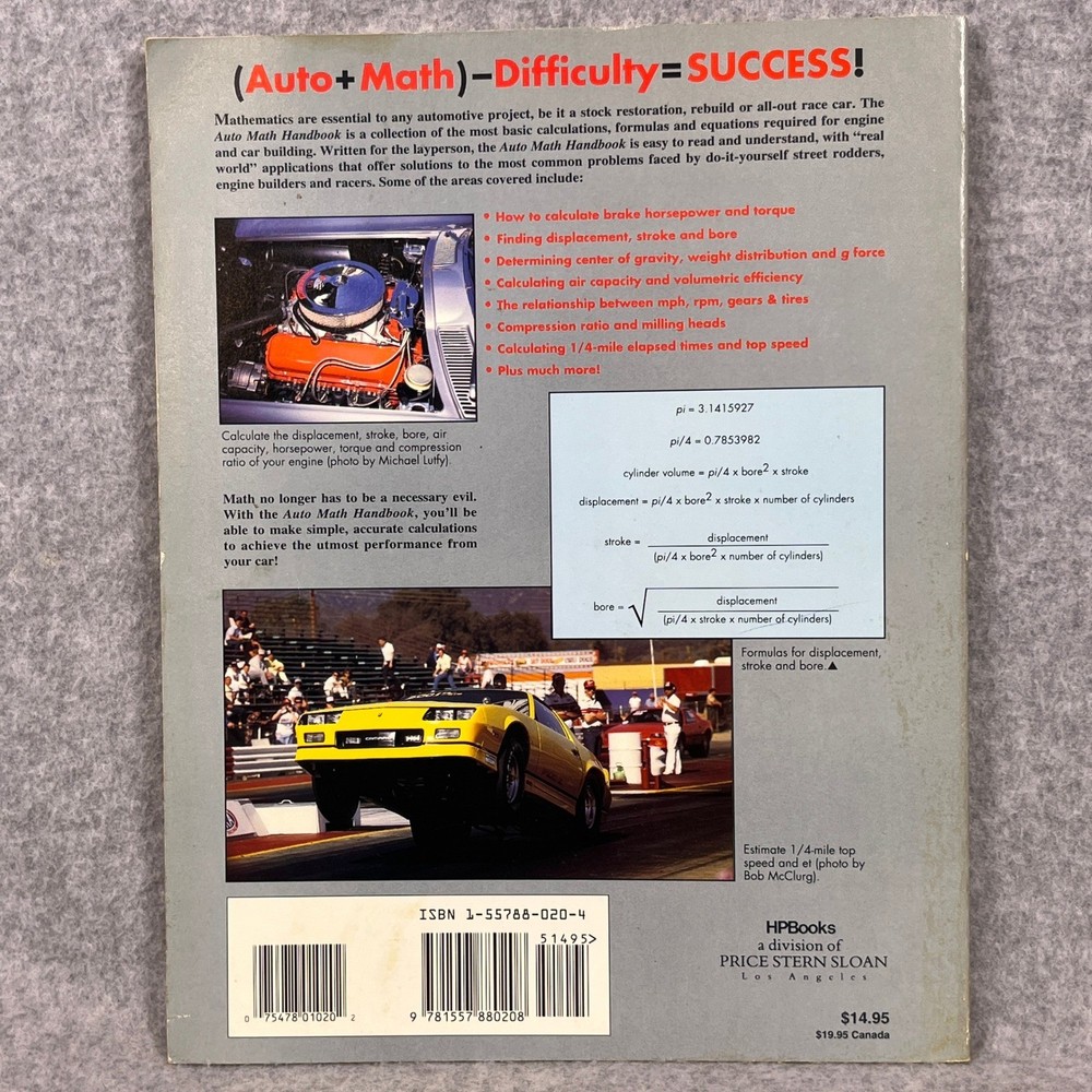 Auto Math Handbook by John Lawlor 1991 Performance Formulas & Calculations