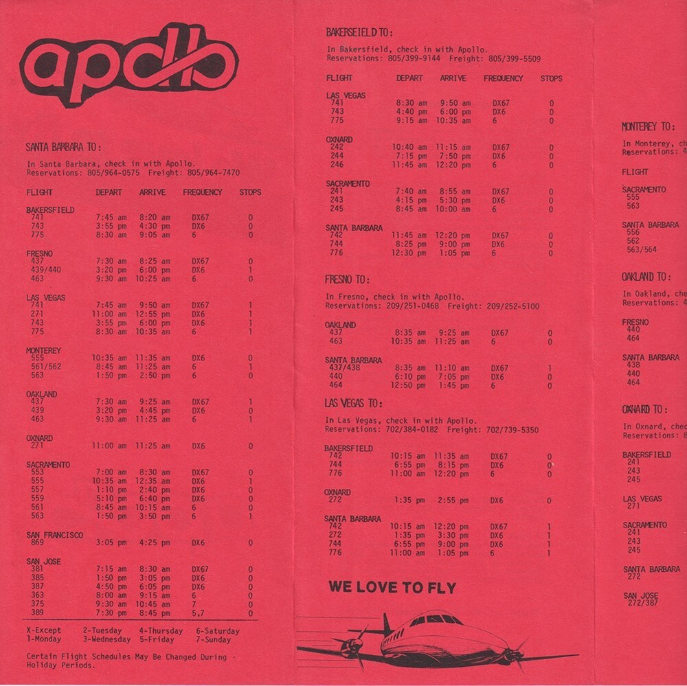 Apollo Airways timetable 1981/07/15 red